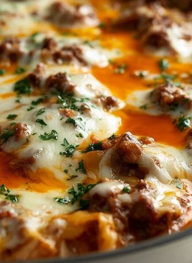 Unstuffed ground beef cabbage roll casserole served in a baking dish