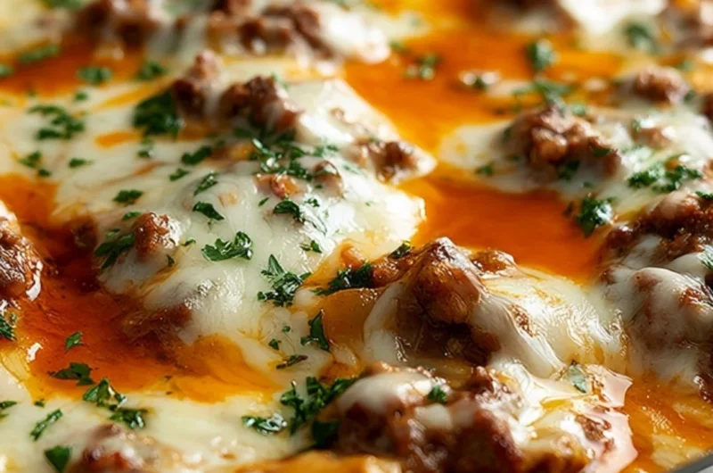 Unstuffed ground beef cabbage roll casserole served in a baking dish