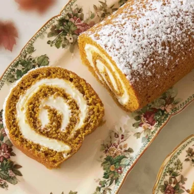 Classic pumpkin roll dessert with cream cheese filling on a rustic wooden table