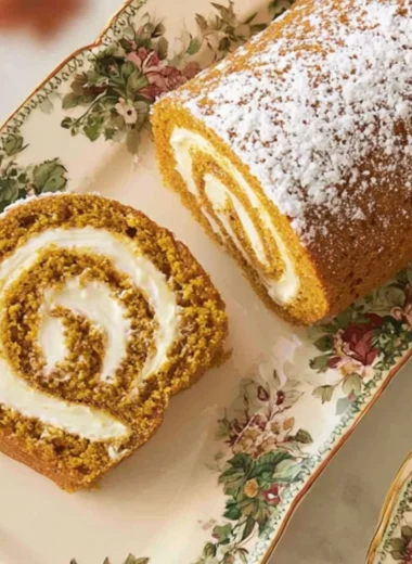 Classic pumpkin roll dessert with cream cheese filling on a rustic wooden table