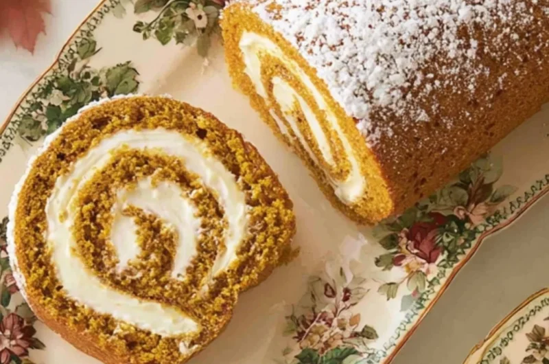 Classic pumpkin roll dessert with cream cheese filling on a rustic wooden table