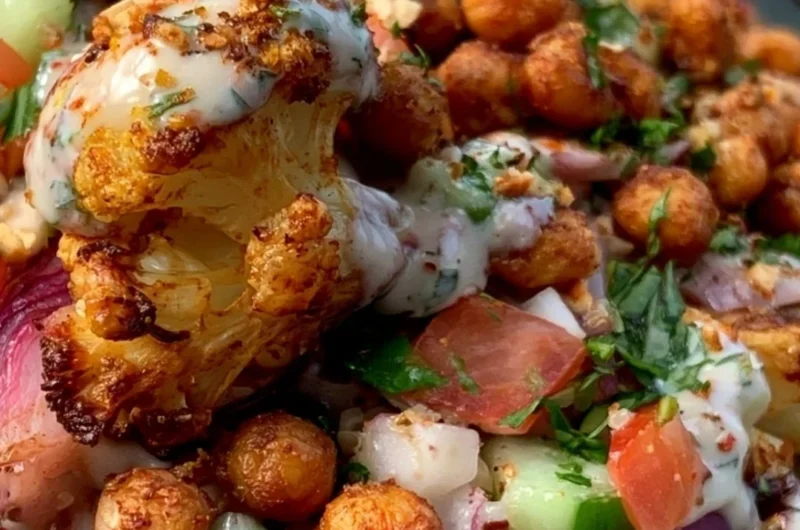 Cozy cauliflower shawarma bowl topped with fresh herbs and tahini sauce
