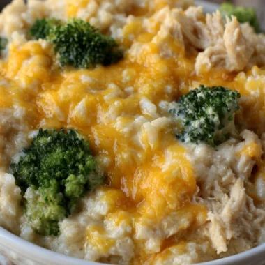Delicious cheesy broccoli chicken casserole served in a bowl