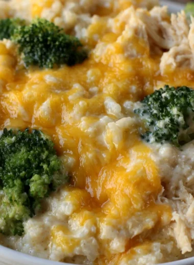 Delicious cheesy broccoli chicken casserole served in a bowl