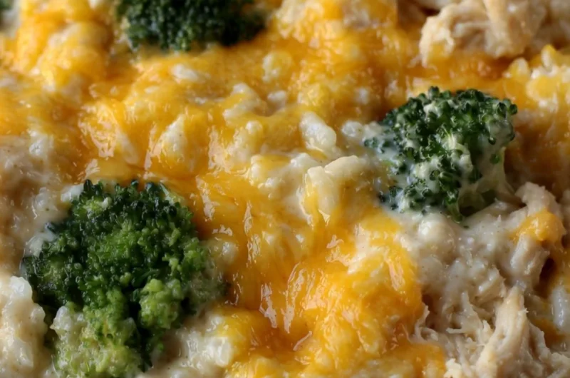 Delicious cheesy broccoli chicken casserole served in a bowl