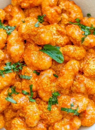 Cozy gnocchi served with garlic cream tomato sauce in a rustic bowl