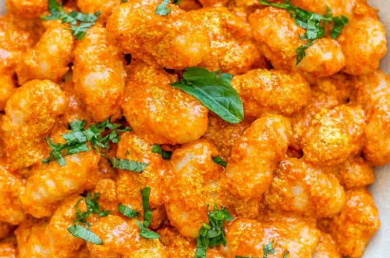 Cozy gnocchi served with garlic cream tomato sauce in a rustic bowl
