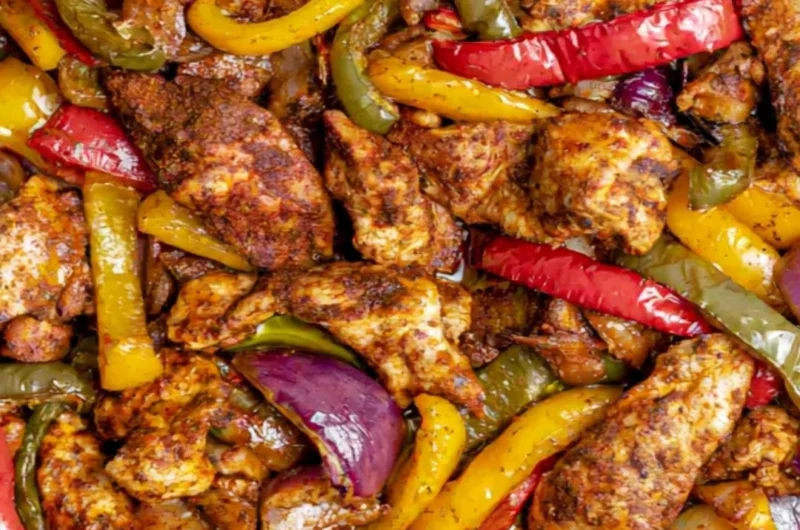 Delicious sheet pan chicken fajitas with vibrant peppers and onions ready to serve.
