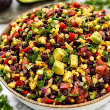 Cozy black bean and corn salad in a bowl, garnished with fresh cilantro