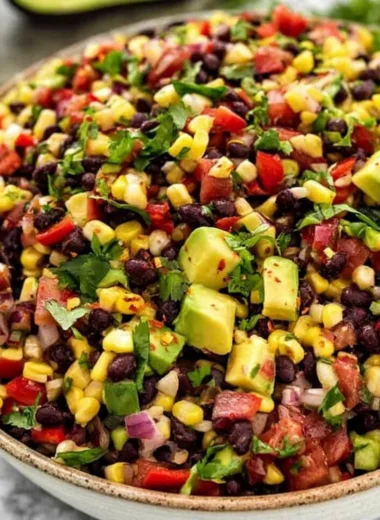 Cozy black bean and corn salad in a bowl, garnished with fresh cilantro
