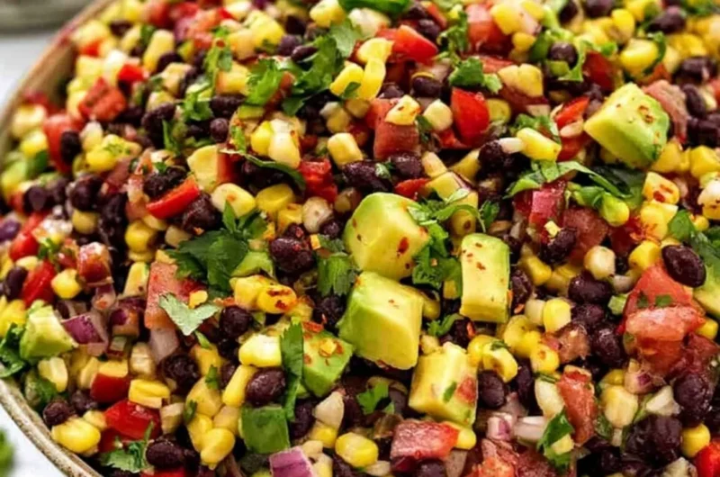 Cozy black bean and corn salad in a bowl, garnished with fresh cilantro