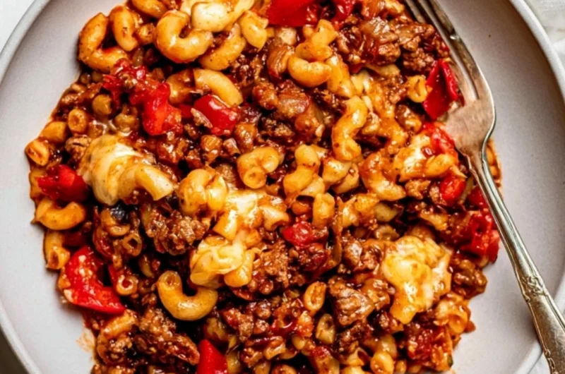 Cozy slow cooker goulash served in a bowl with pasta and vegetables
