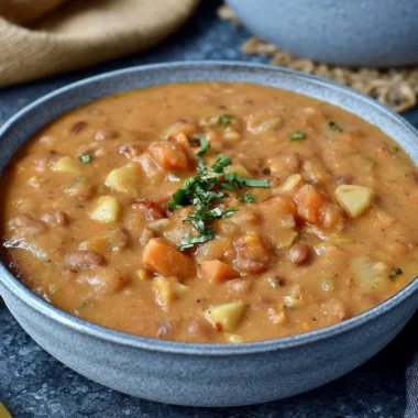 Bowl of creamy Mexican-inspired pinto bean soup garnished with herbs.