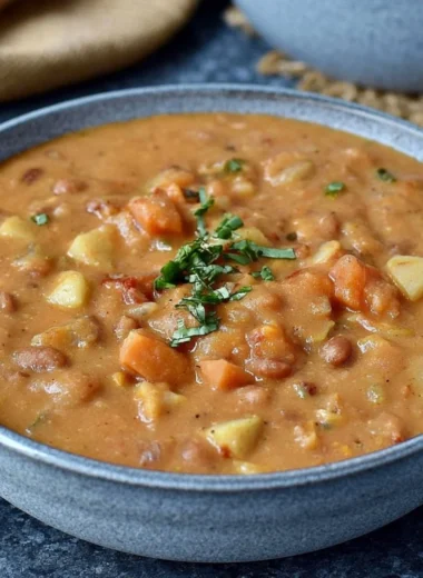 Bowl of creamy Mexican-inspired pinto bean soup garnished with herbs.