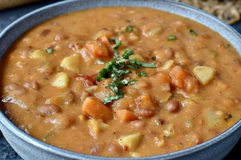 Bowl of creamy Mexican-inspired pinto bean soup garnished with herbs.