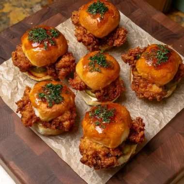 Crispy chicken sliders topped with honey ranch sauce on a platter