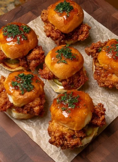 Crispy chicken sliders topped with honey ranch sauce on a platter