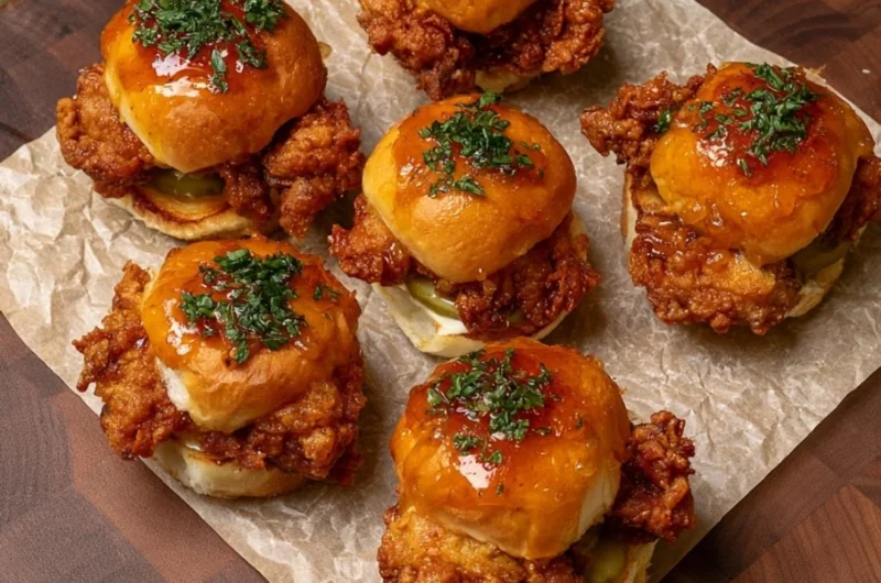 Crispy chicken sliders topped with honey ranch sauce on a platter