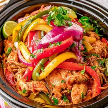 Delicious crockpot chicken fajitas served with peppers and onions