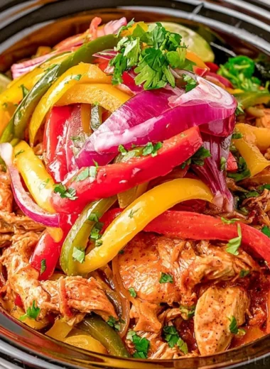 Delicious crockpot chicken fajitas served with peppers and onions