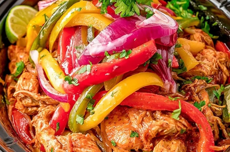 Delicious crockpot chicken fajitas served with peppers and onions