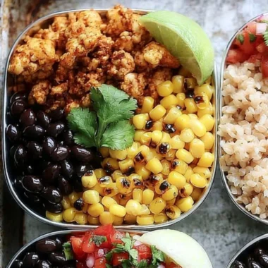 Healthy chicken burrito bowl meal prep with fresh ingredients in a bowl.
