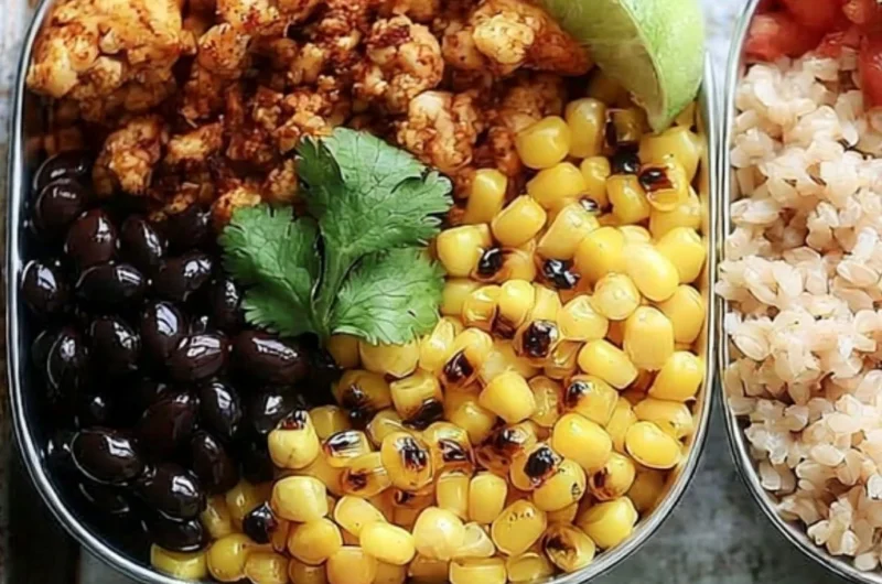 Healthy chicken burrito bowl meal prep with fresh ingredients and vibrant colors