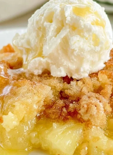 Delicious Pineapple Dump Cake topped with golden brown crumble