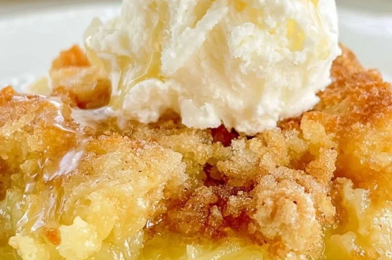 Delicious Pineapple Dump Cake topped with golden brown crumble