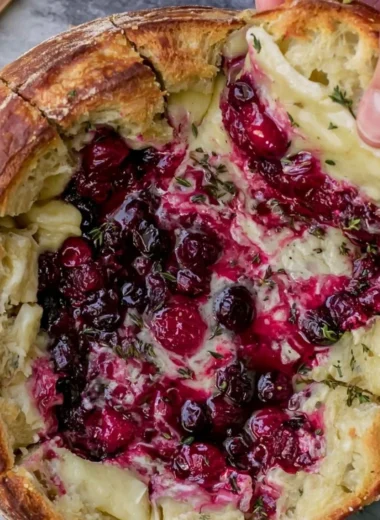 Baked cranberry brie bread bowl served warm with toppings