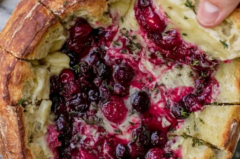Baked cranberry brie bread bowl served warm with toppings