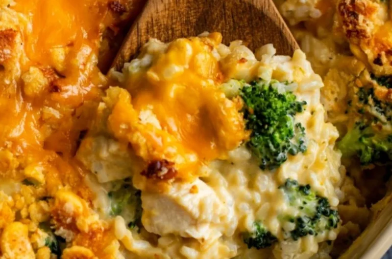Delicious Broccoli Cheddar Chicken and Rice Casserole topped with cheese