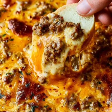Cheesy ground beef dip served with tortilla chips for game day appetizers