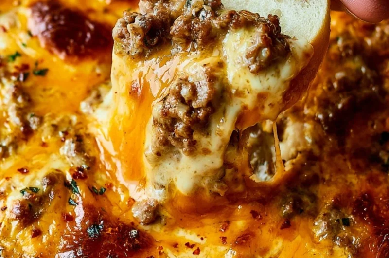 Cheesy ground beef dip served with tortilla chips for game day appetizers