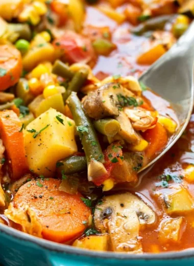 A bowl of homemade chicken vegetable soup with fresh ingredients