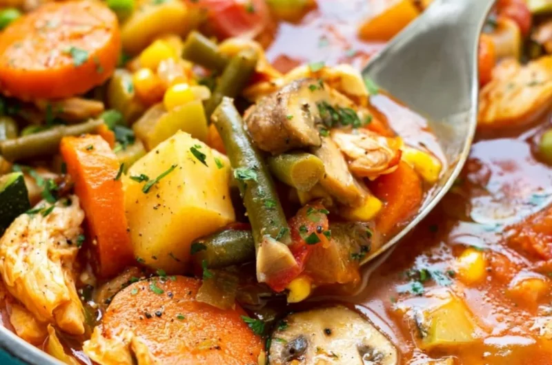 A bowl of homemade chicken vegetable soup with fresh ingredients
