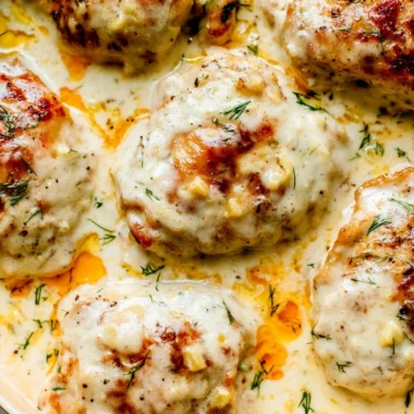 Creamy oven baked chicken thighs served on a plate with vegetables
