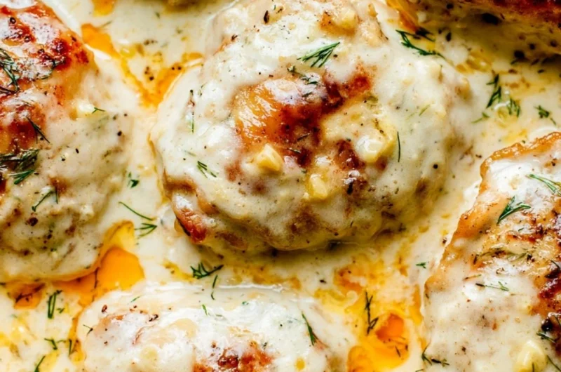 Creamy oven baked chicken thighs served on a plate with vegetables