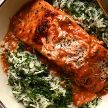 Plate of curried salmon served with herby rice garnished with fresh herbs