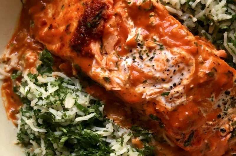 Plate of curried salmon served with herby rice garnished with fresh herbs