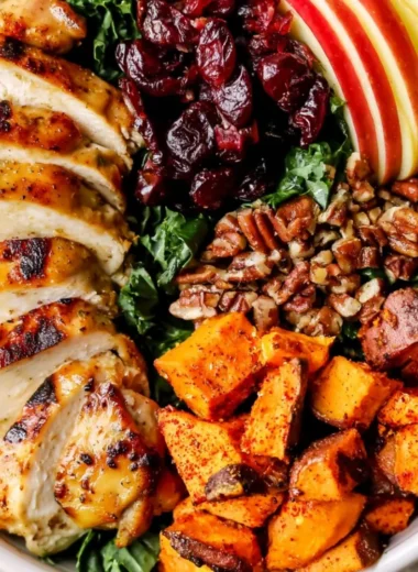 Harvest Chicken Bowl with Maple Dijon Dressing Recipe topped with fresh ingredients