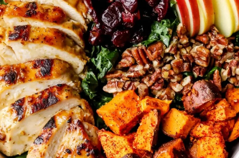 Harvest Chicken Bowl with Maple Dijon Dressing Recipe topped with fresh ingredients