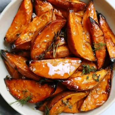 Honey roasted sweet potato dish garnished with herbs and spices