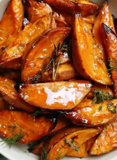 Honey roasted sweet potato dish garnished with herbs and spices