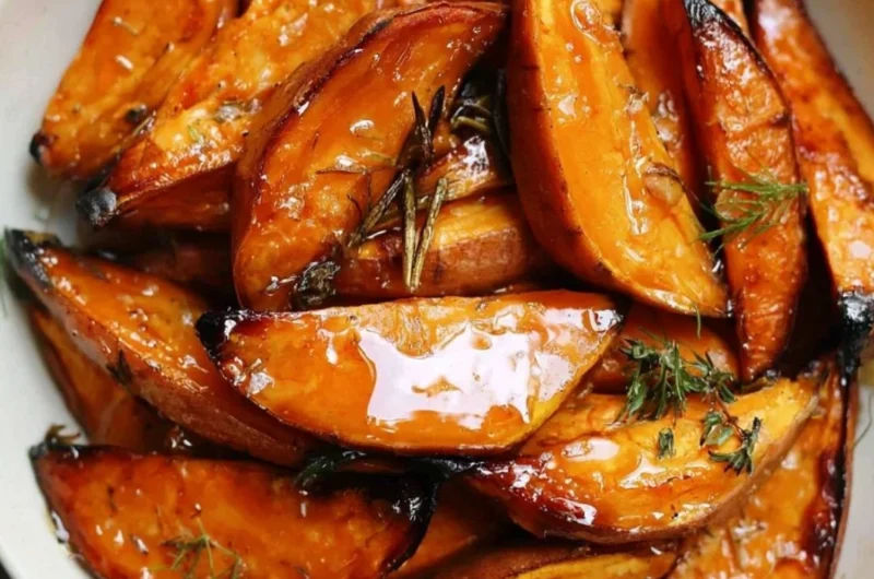 Honey roasted sweet potato dish garnished with herbs and spices