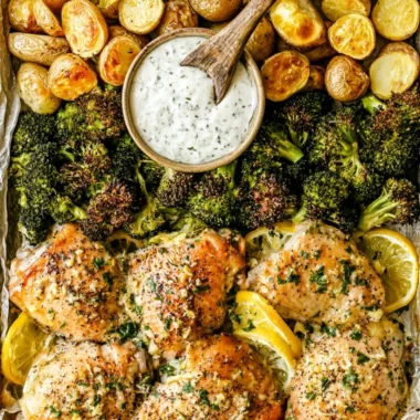 Lemon Garlic Chicken with potatoes and broccoli on a sheet pan