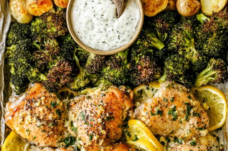 Lemon Garlic Chicken with potatoes and broccoli on a sheet pan