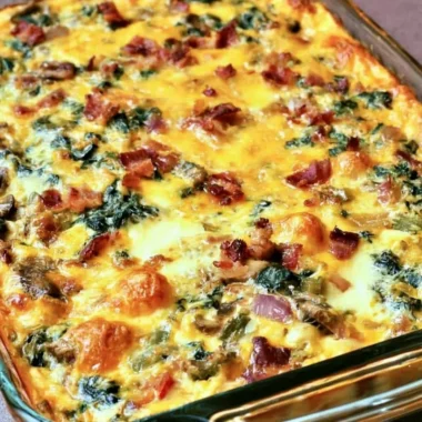 Low-Carb Bacon, Egg, and Spinach Breakfast Casserole in a baking dish