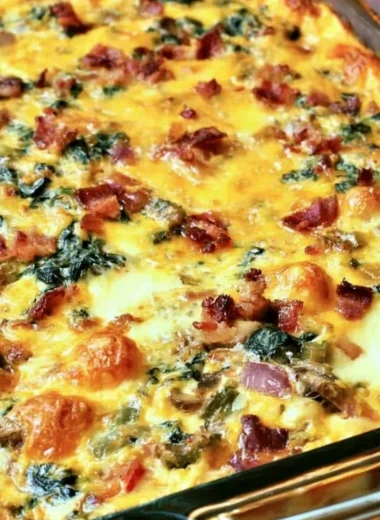 Low-Carb Bacon, Egg, and Spinach Breakfast Casserole in a baking dish