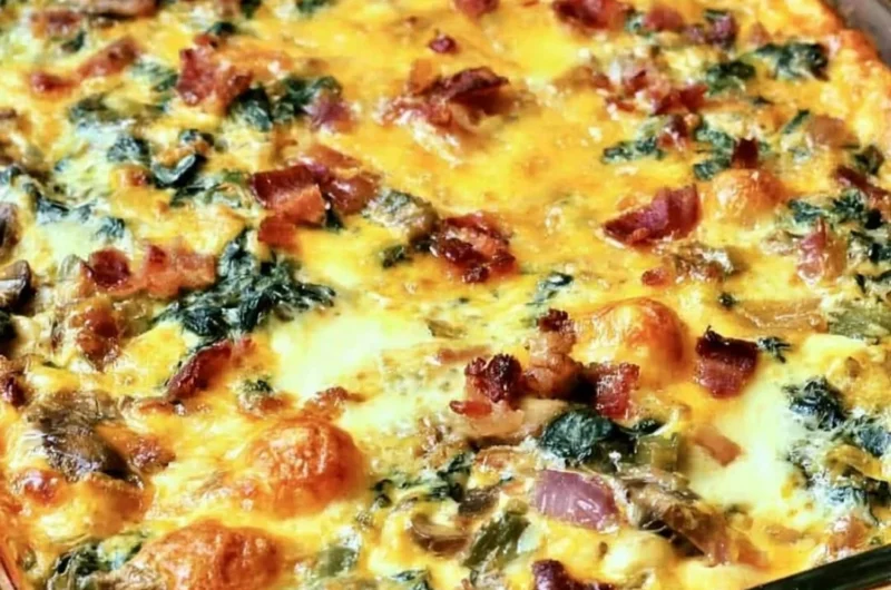 Low-Carb Bacon, Egg, and Spinach Breakfast Casserole in a baking dish